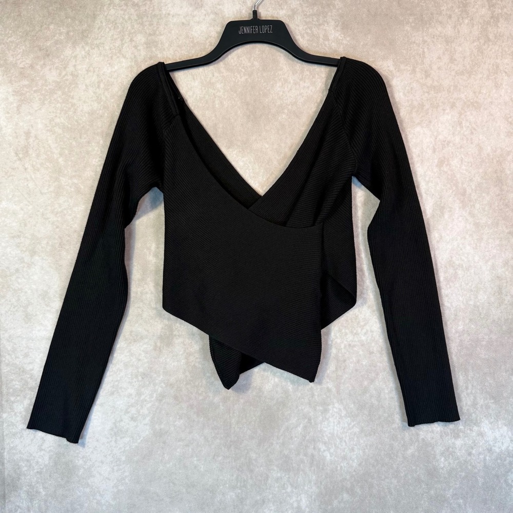 Vero Moda Surplice Pullover Women M Black Ribbed Wrap V-Neck Ballet Chic